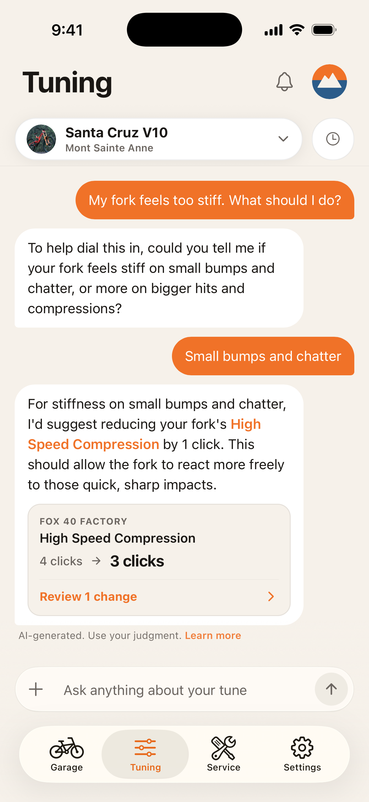 Suspend tuning screen