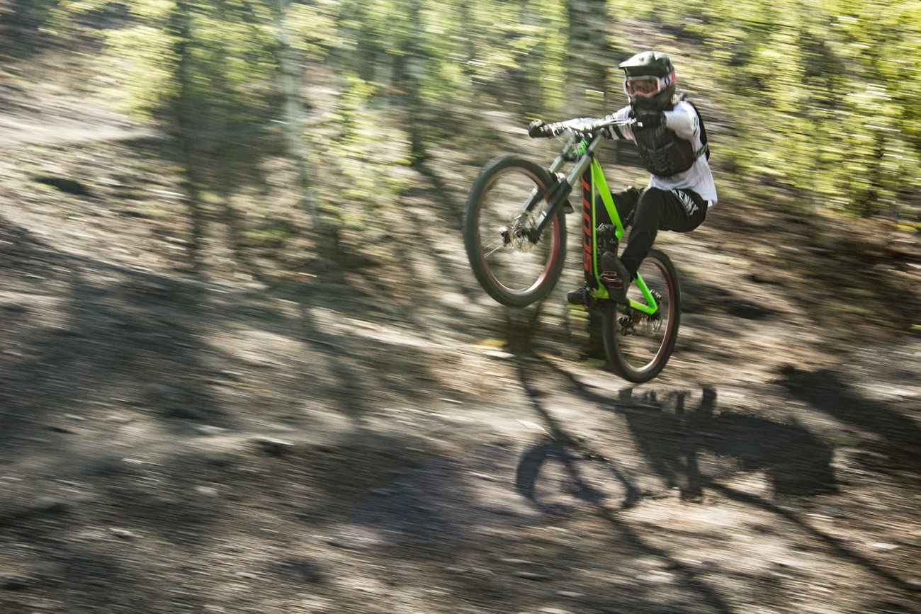 Mountain biker on a worn forest trail.